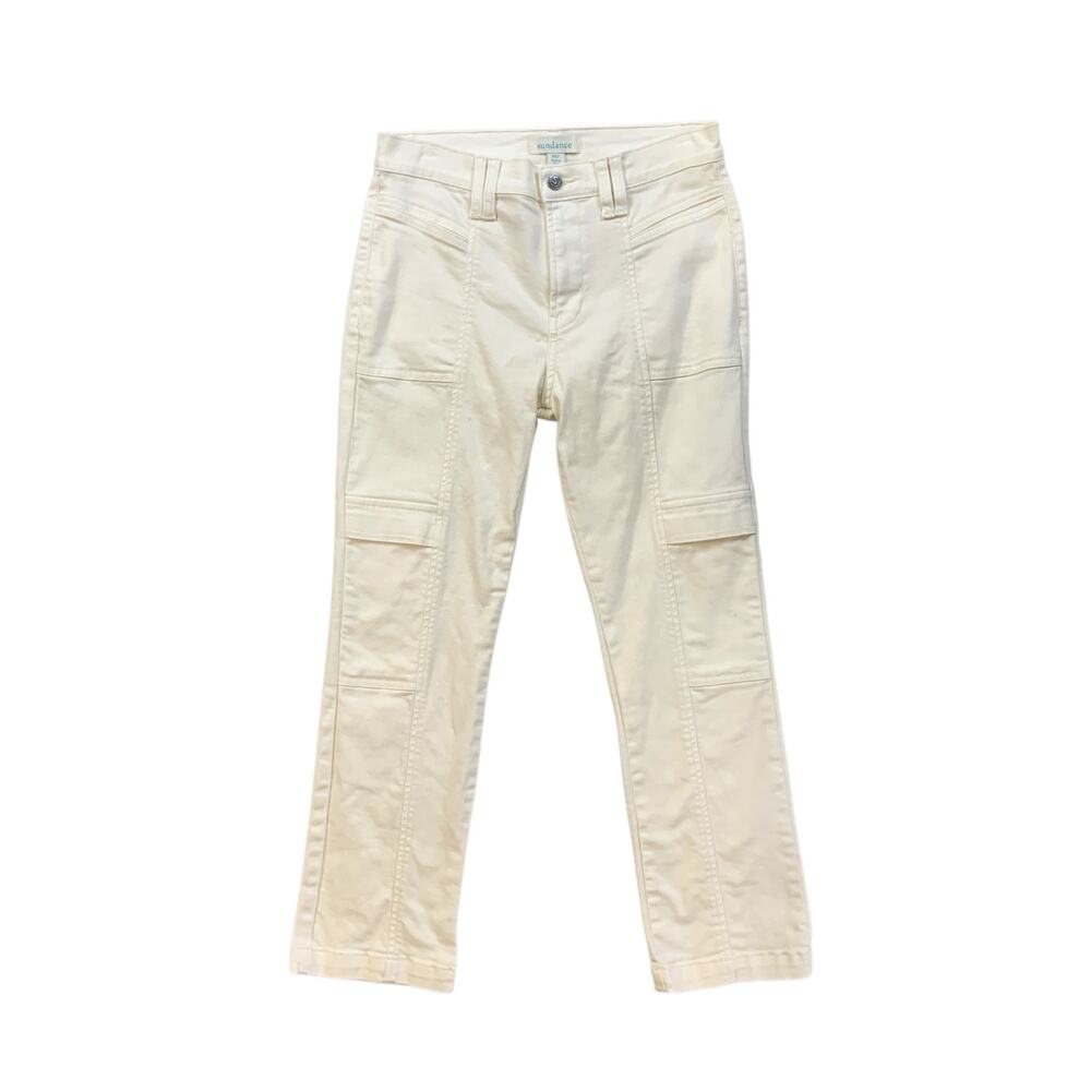 Sundance Jeans Women 27P Petite Ivory Utility Cargo Ecru Mid Rise Straight Denim